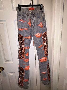 Gray Distressed Wide-Leg Jeans with Orange Patchwork Detail